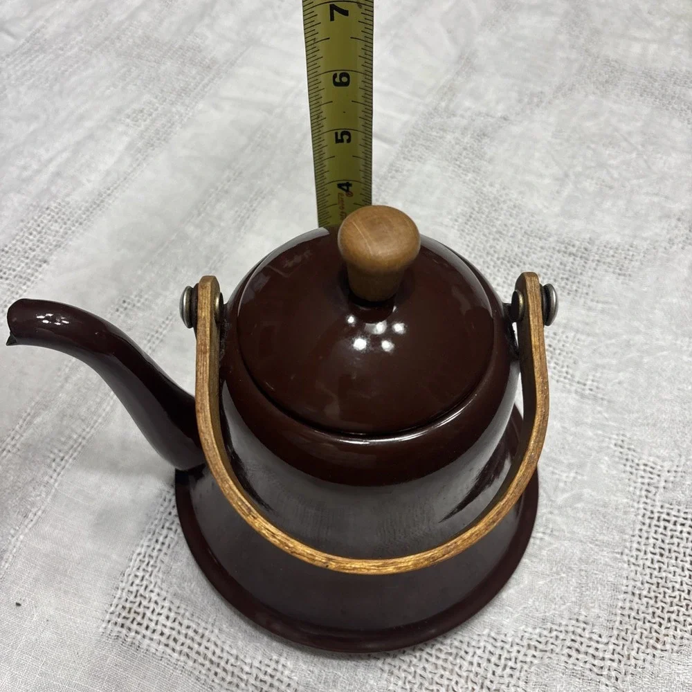 Pretty Shiny Rich Brown Enamel Ware Tea Kettle Metal Farmhouse Cottage Rustic